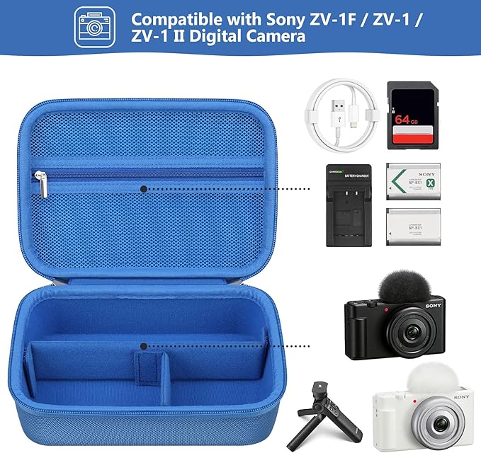 Hard Travel Case for Sony ZV-1F / ZV-1 / ZV-1 II Digital Camera, Protective Cases Bag Fits Vlogger Accessory Kit Tripod and Microphone, Extra Zipper Pocket fit Battery Charger, Blue