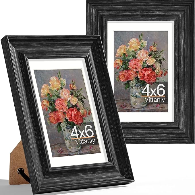 Vittanly 4x6 Picture Frames Set of 2, Ornate Vintage Photo Frame for Wall or Tabletop, Display 3.5x5 Pictures with Mat or 4x6 without Mat, Distressed Black