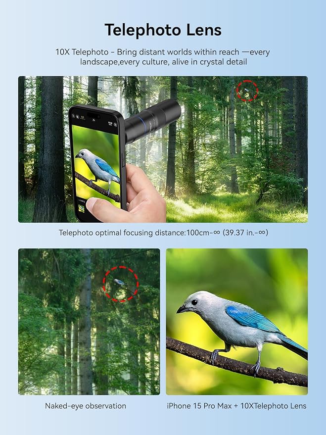 MIAO LAB HD 10X Telephoto Lens & 200mm Macro Lens, 2-in-1 Aluminum Phone Camera Lens Kit with 17mm Lens Thread Interface Mobile Phone case. Phone Lens Attachment Fit for iPhone 15 Pro Max