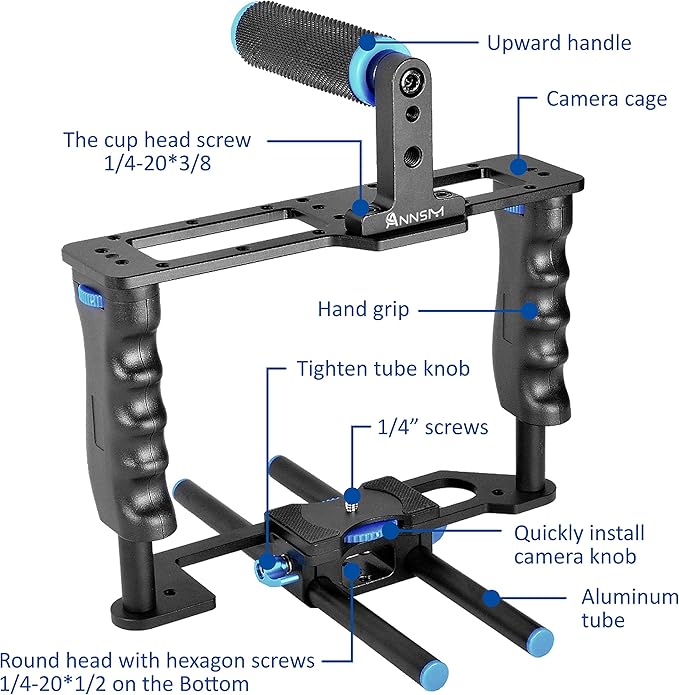 Camera Cage Aluminum Movie Filmmaking Video Rig with Top Handle/Dual Side Grips/and Std 15mm Rail Rods for Canon EOS R5C R5 R6 Sony A7 Series A6600 Nikon