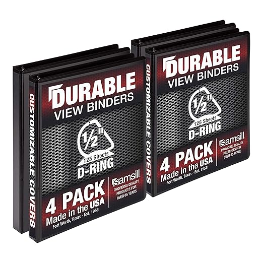 Samsill Durable 0.5 inch 3 Ring Binder, Made in USA, D Ring Binder, FSC 100% Recycled Chipboard, Black, 4 Pack