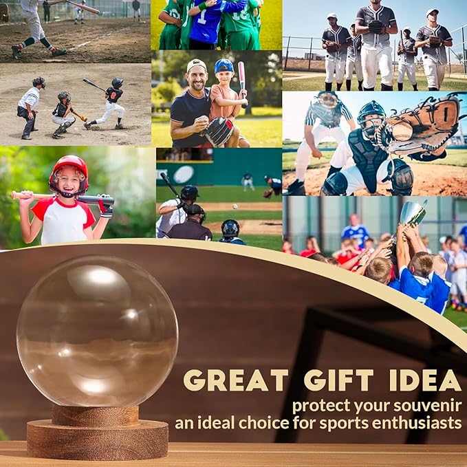JupDec Baseball Display Case, Round Clear Ball Holder with Wooden Base, Autograph Baseball Stand Box for Single Ball, Acacia Wood, Brown, 2 Pack