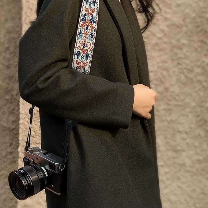 Padwa Lifestyle 2" Retro Jacquard Embroidery Camera Strap, Adjustable, Wide DSLR/SLR Camera Neck/Shoulder Strap with Genuine Leather Head (White Classic Flower)