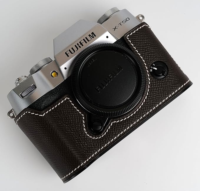 Uchandmade Handmade Genuine Leather Camera Half Case for Fujifilm X-T50/Fujifilm X-T50 Camera Case/Fujifilm X-T50 Case - Top Layer Cowhide Body + Metal Base Plate (Dark Coffee)