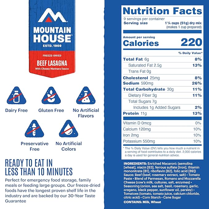 Mountain House Beef Lasagna & Freeze-Dried Food for Camping, 9 Servings, 30-Year Shelf-Life