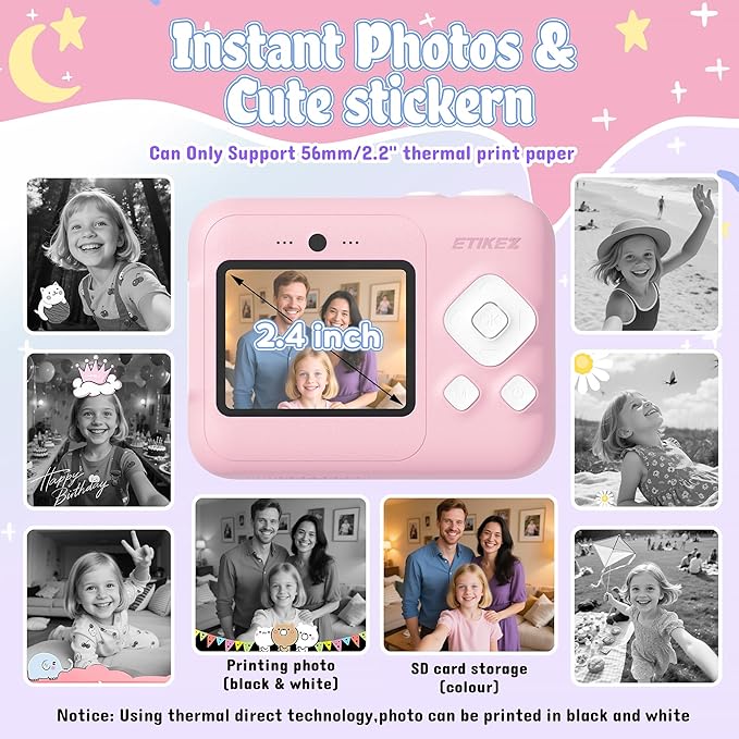 ETIKEZ Kids Camera, 1080P Instant Digital Print Camera for Kids, Christmas Birthday Gifts for 4 5 6 7 8 9 10 Year Old Girls Boys, Portable Toy with 32GB SD Card & 3 Rolls Printing Paper, Pink