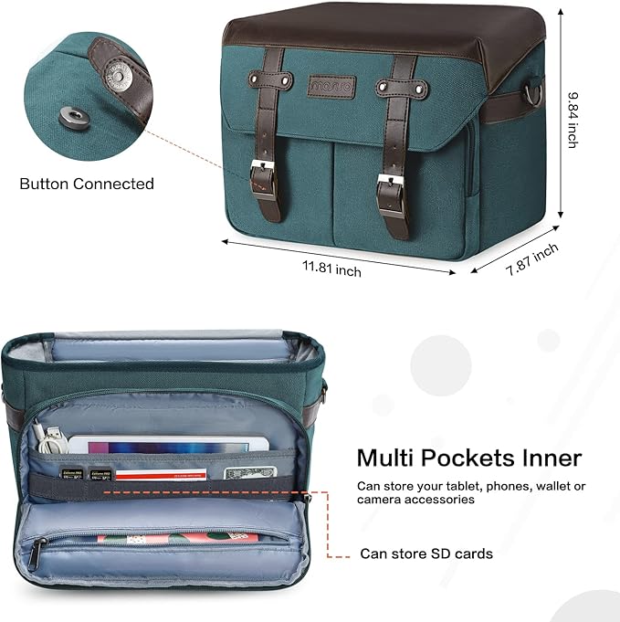MOSISO Camera Case Crossbody Shoulder Messenger Bag, DSLR/SLR/Mirrorless Photography Vintage PU Leather Flap Gadget Bag with Rain Cover Compatible with Canon/Nikon/Sony Camera and Lens, Teal Green