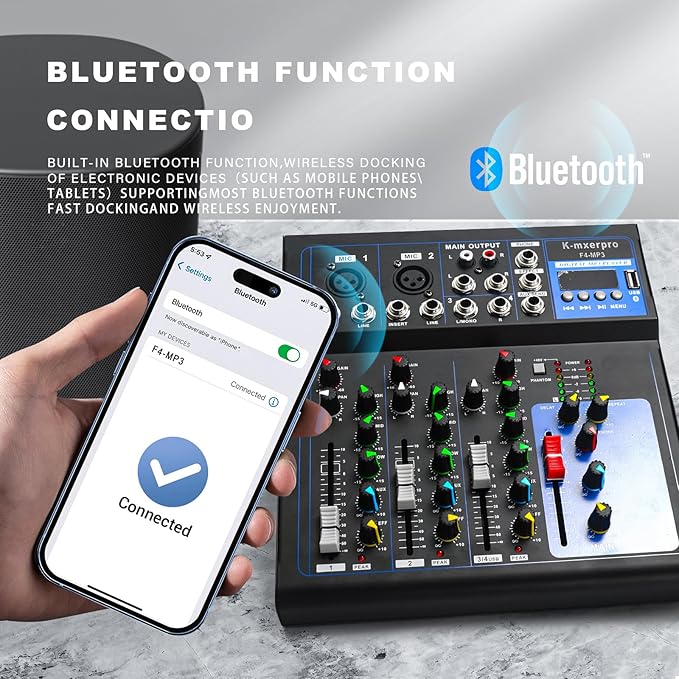 4 Channel Mixer With 48v Phantom Power,USB Audio Mixer Board For Live Show Streaming Recording Music Stage Karaoke