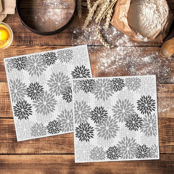 Artoid Mode Grey Dahlia Floral Kitchen Dish Cloths, 12x12 Inch Quick Dry Microfiber Dishcloths for Kitchen Premium Dish Rags Set of 2