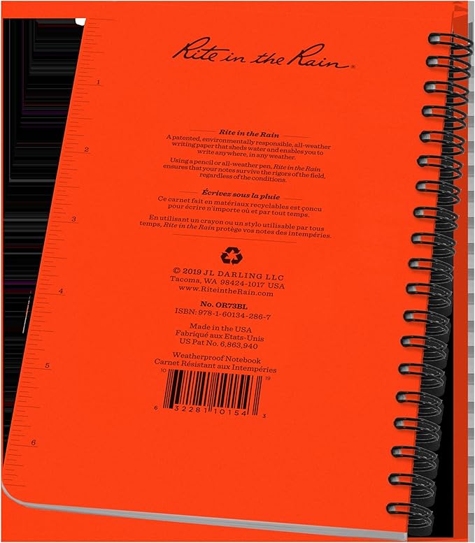 Rite in the Rain Weatherproof Side Spiral Notebook, 4.625" x 7", Orange Cover, Universal Pattern (No. OR73)