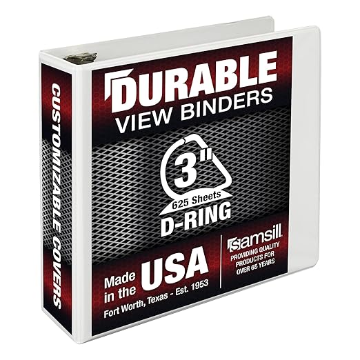 Samsill Durable 3 inch 3 Ring Binder, Made in USA, D Ring Binder, FSC 100% Recycled Chipboard, White