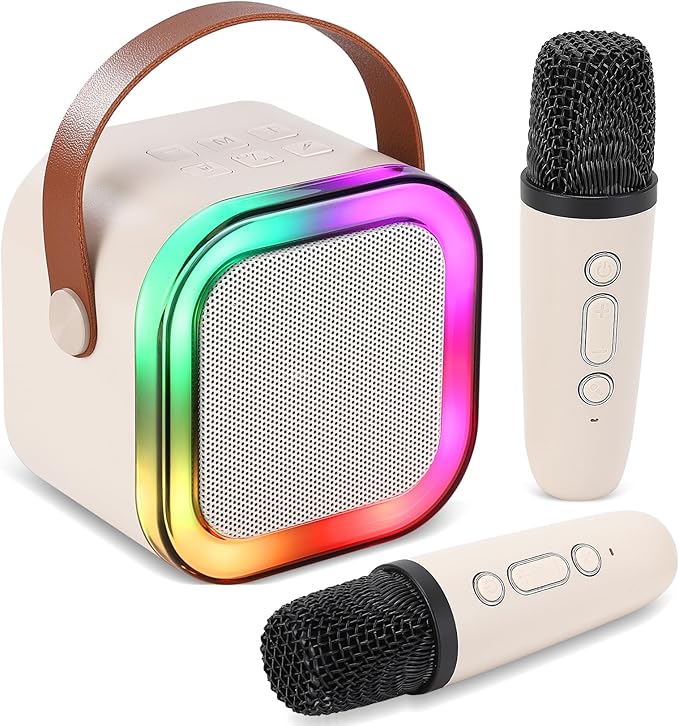 Mini Karaoke Machine, Portable Bluetooth Karaoke Speaker with 2 Wireless Microphones and Light for Family Home Party,Toys for Girls Boys Friends Age 3-12+ Kids and Adults Birthday Gifts. (Beige)