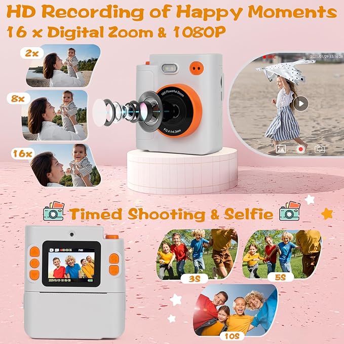 Kids Camera Instant Print, 1080P HD Dual-Lens Selfie Digital Camera with 5 Printing Paper Rolls & 32G TF Card, for Children, Portable Toddler Toy for Age 3-12 Boys & Girls (White)