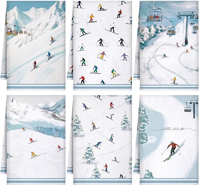 Preboun 6 Pcs Winter Ski Kitchen Towels Winter Decorative Christmas Hand Towels White Cold Color Ski Themed Dish Cloth Farmhouse Tea Cloth Kitchen Accessories Bathroom Decor Souvenir Gifts