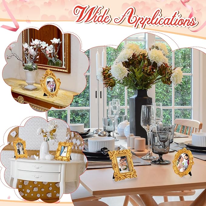 Maitys 25 Pcs Mini Picture Vintage Frames with Stands Tiny Antique Photo Baroque Ornate Resin Oval Frame Table Top Display Home Wedding Decor (Gold)