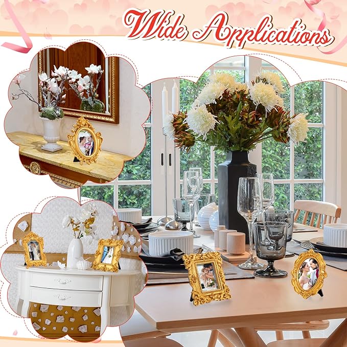Maitys 60 Pcs Mini Picture Vintage Frames with Stands Tiny Antique Photo Baroque Ornate Resin Oval Frame Table Top Display Home Wedding Decor (Gold)