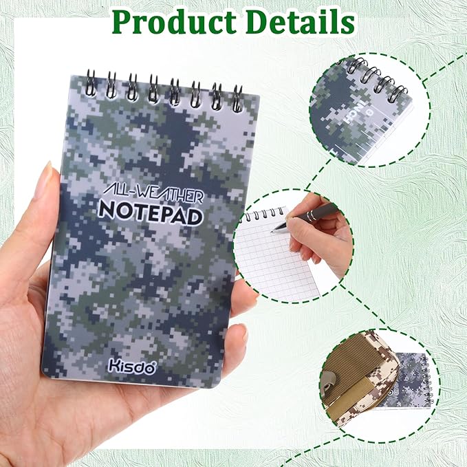 6 Pcs Waterproof Notebook Set, Write in The Rain Notebook, All Weather Notebook, Police Notepad, Field Notes Notebooks, 3 × 5" Pocket Notebook with Pen and Cover for Outdoor Activities Recording (Camouflage khaki)