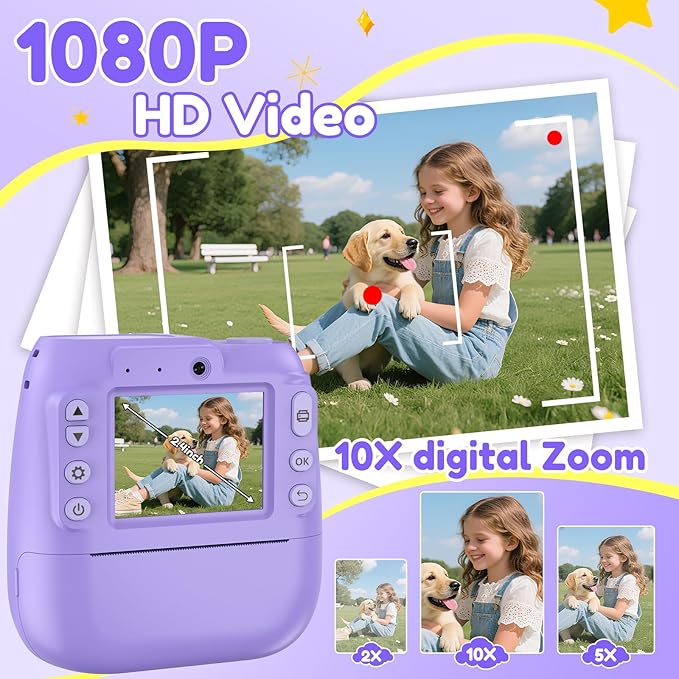 Instant Camera, Kids Camera Instant Print with 2.4 Inch Screen, Christmas Birthday Gifts for Girls Boys Age 3-12, Toddler Digital Print Toy for 3 4 5 6 7 8 9 10 Year Old, Front Rear Dual Selfie,Purple