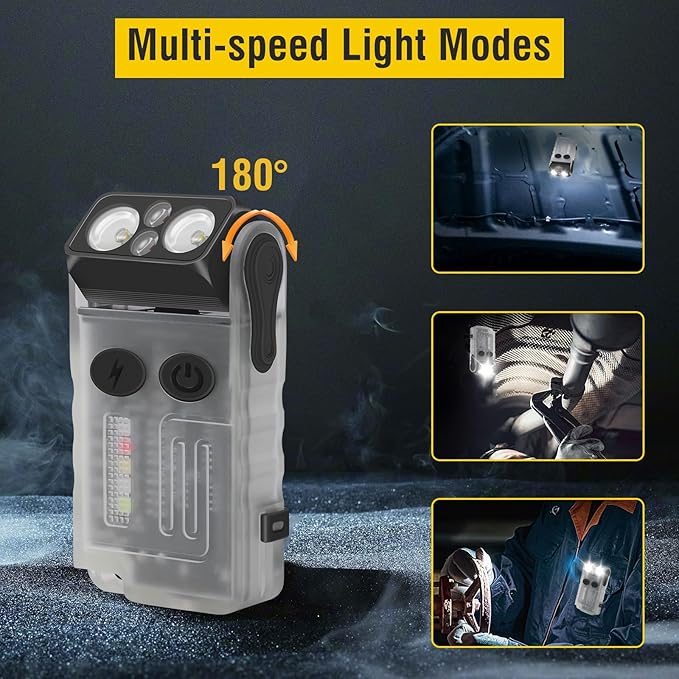 Boruit V20 Small Powerful Flashlight Super Bright with 365nm UV, Red Blue Green Warm Light, 180° Swivels, 110dB Buzzer, Mini Keychain Pocket Rechargeable LED Flashlights Usb EDC Clip Flash Light White