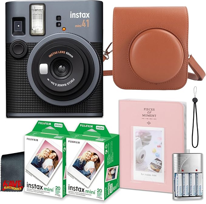 Fujifilm Instax Mini 41 Instant Camera Bundle with Fuji Instax-Instant-mini Film Value Pack (40 Sheets) + Photo Album – 64 Pockets + Vintage Style Compatible Carrying Case Brown + More