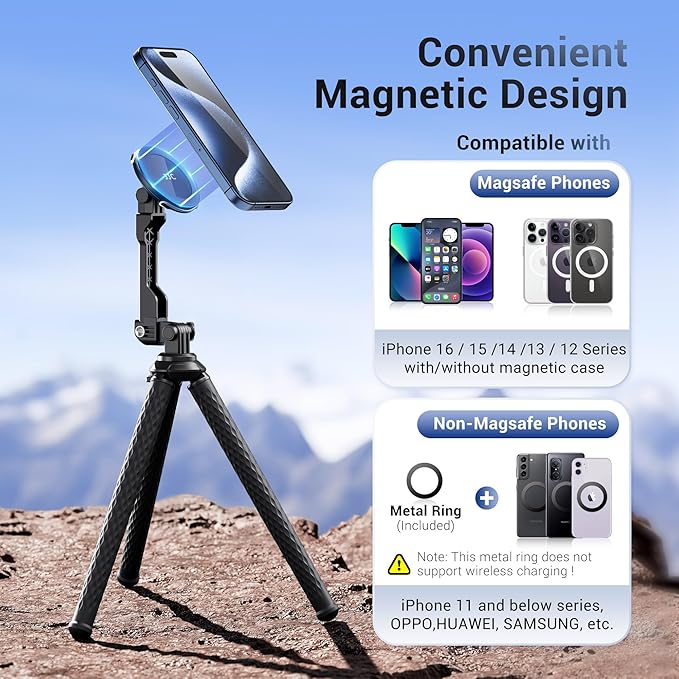 JJC Magnetic Flexible Phone Tripod for iPhone, Bendable Octopus Tripod with 1/4" Screw & Gopro Mount Compatible with iPhone Android Phone Gopro Digital Camera for Video Recording Vlogging