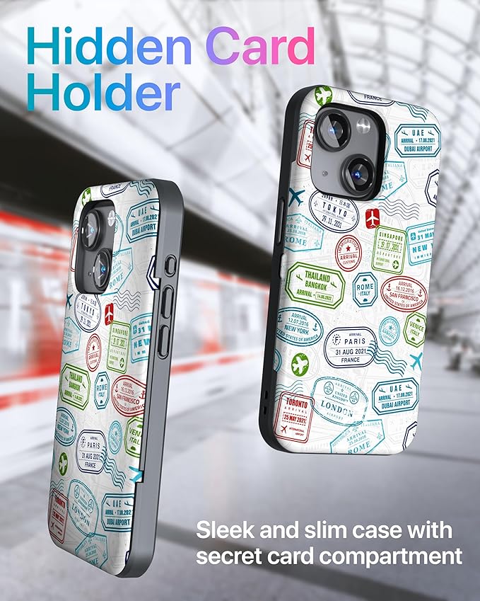 TORU for iPhone 15 Wallet Case with Card Holder, Hidden ID Credit Card Slot Flip Kickstand, Slim Fit Shockproof Heavy Duty Phone Cover with Strap - Travel Stamps Pattern