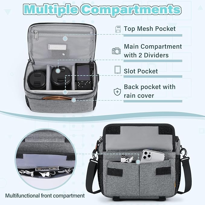 RAINSMORE Camera Bag for DSLR SLR Mirrorless Camera,Small Camera Sling Bag for Photographers Waterproof Camera Case with Tripod Holder Compact Camera Bag Crossbody with Rain Cover，Grey