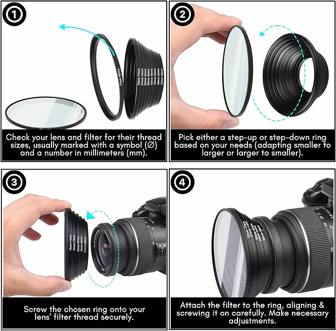 18-Piece Filter Ring Adapter Set - 9X Step-Up Rings and 9X Step-Down Rings for Lens Filters, Lens Hoods, and Lens Converters - Includes 4X Microfiber Cleaning Cloths (7x6 Inches)