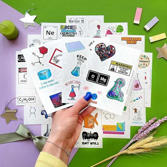 BulbaCraft 100Pcs Funny Chemistry Stickers for Laptop, Chemistry Computer Stickers, Lab Decals, Science Themed Presents, Gifts for Women & Men