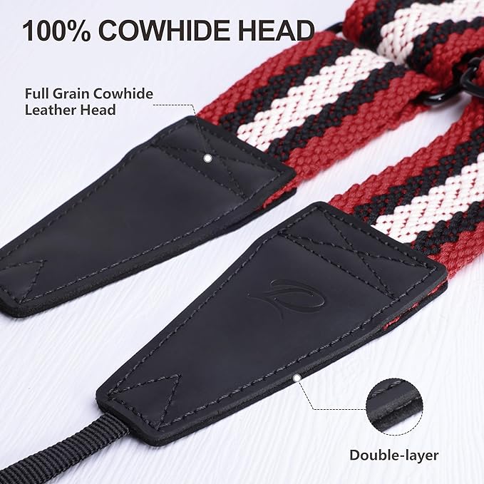 Padwa Lifestyle Adjustable Camera Strap - 2" Top Layer Cowhide Head Camera Straps for Photographers,Soft Cotton Rope Crossbody Strap with Quick Release fits All Cameras - Red Black Stripe