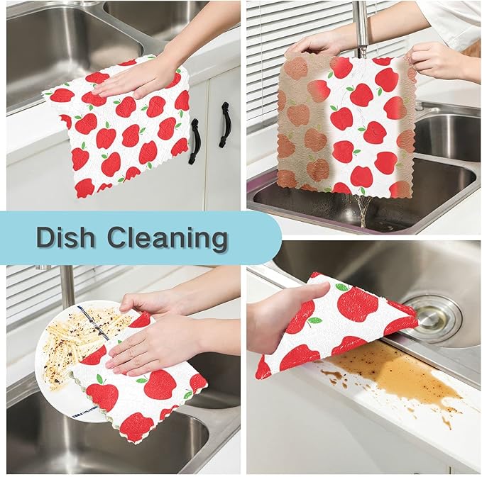 CaTaKu Red Apples Kitchen Dish Cloths for Washing Dishes Reusable Cleaning Cloth Dish Towels Microfiber Washcloths Dish Rags for Kitchen,6 Pack