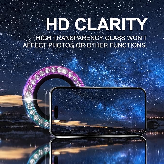 Choiche Compatible for iPhone 16 Pro/iPhone 16 Pro Max Camera Lens Protector Bling, 9H Tempered Glass Camera Cover Screen Protector Metal Ring Decoration Accessories (Diamond-Colorful)