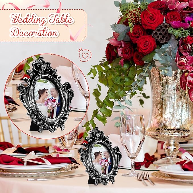 Maitys 15 Pcs Mini Picture Vintage Frames with Stands Tiny Antique Photo Baroque Ornate Resin Oval Frame Table Top Display Home Wedding Decor (Black Silver)