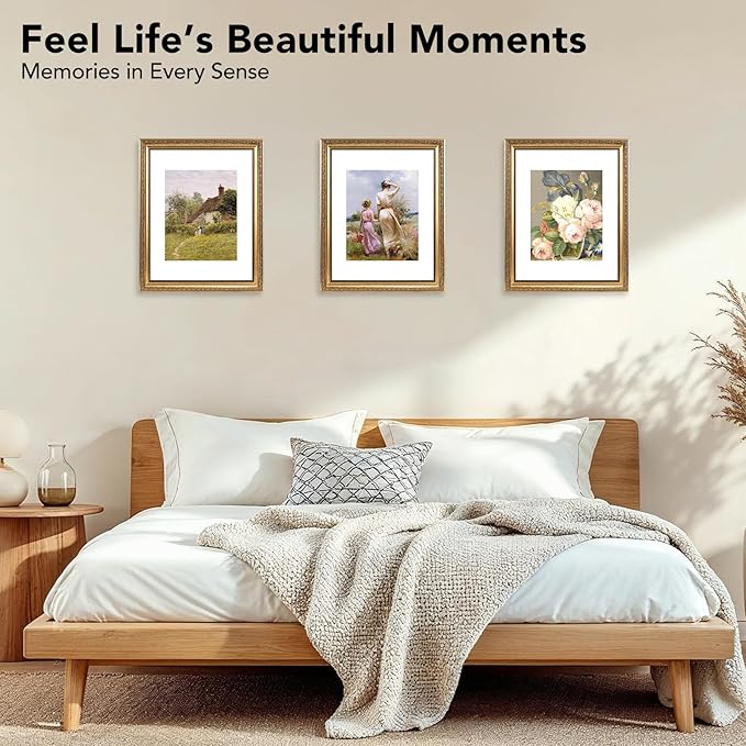 11x14 Vintage Picture Frame with 8x10 Mat Set of 2, Elegant Retro 11 by 14 Photo Frame with Shatter-Resistant Plexiglass for Wall Hanging, Gallery Decor & Gift, Gold, 2 Pack