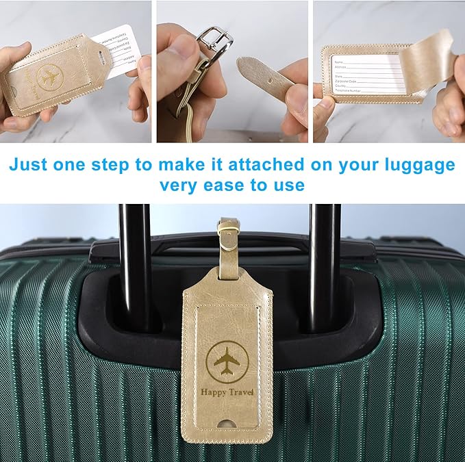 ACdream Luggage Tags 2 Pack, Leather Suitcase Tags Identifiers, Cute Cruise ID Labels with Privacy Cover fits on Backpack, Travel Bag, for Women, Men, Adults, Kids, Gold