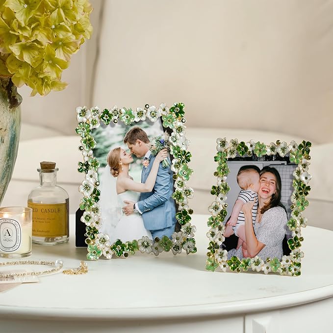 Green Flower Picture Frame 5x7 Blossom Photo Frame for Tabletop Display, Decorative Flower Design Home Decor