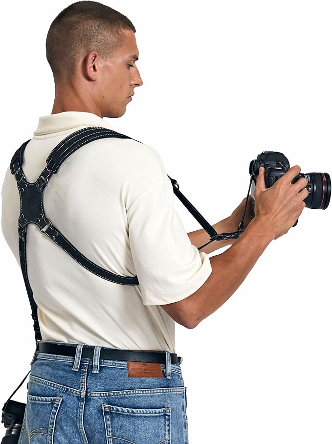 Padwa Lifestyle Black Frosted Dual Camera Harness Strap for Two-Cameras - Dual Shoulder Full Grain Leather Harness,Multi Double Camera Gear for DSLR/SLR Strap,Double Camera Harness for Photographers