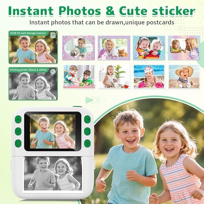 Instant Print Camera for Kids, Christmas Birthday Gifts for Girls Boys, 1080P Instant Digital Print Cameras for Toddler,Portable Toy for 4 5 6 7 8 9 10 Year Old Girl with 32GB SD Card，White