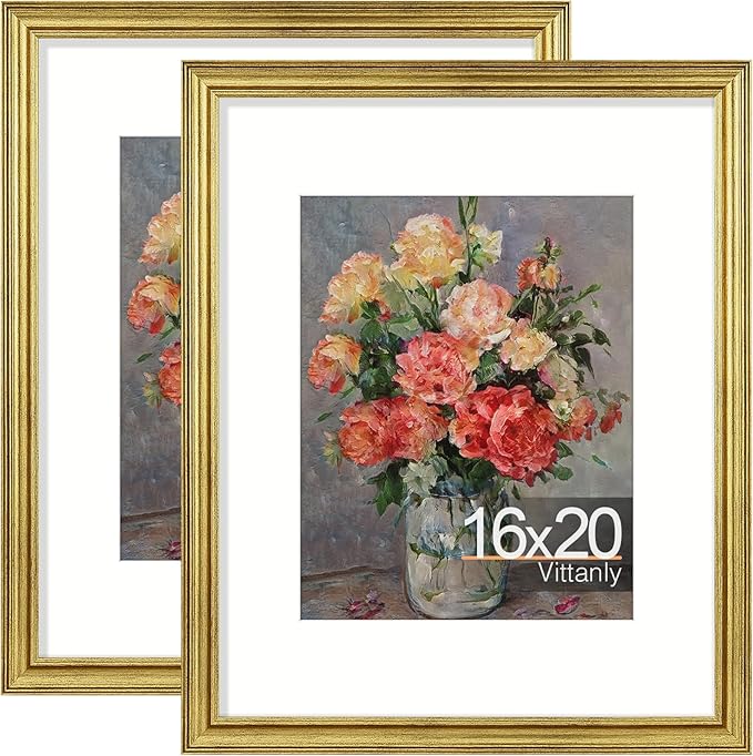 Vittanly 16x20 Picture Frames Set of 2, Ornate Vintage Photo Frame for Wall Mount, Display 11x14 Pictures with Mat or 16x20 without Mat, Rustic Gold