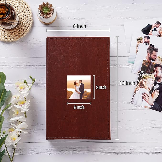 potricher Small Photo Album 4x6 300 Photos Leather Cover Picture Book with 300 Horizontal Pockets for Family Wedding Anniversary and Baby (Brown)