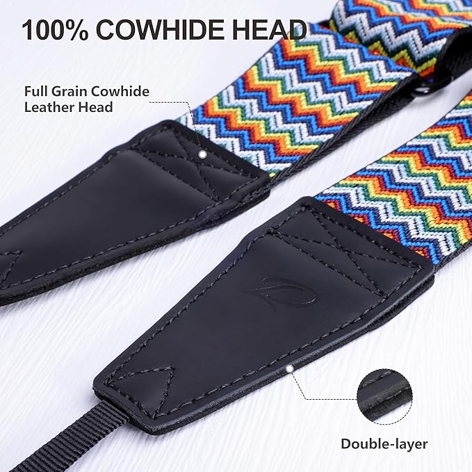 Padwa Lifestyle Adjustable Camera Strap - 2" Top Layer Cowhide Head Camera Straps for Photographers,Soft Cotton Crossbody Strap with Quick Release fits All Cameras - Rainbow Ripple