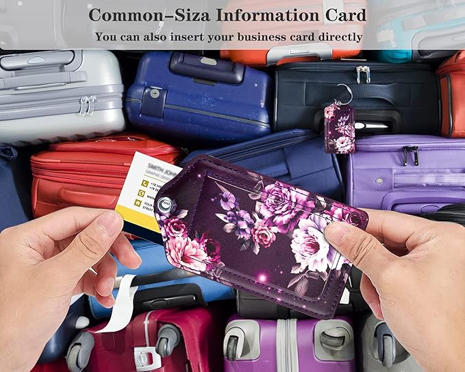 (Set of 2) Luggage Tag Leather Privacy Cover ID Label Address Card with Stainless Steel Loop, Travel Bag Tags Suitcase Labels, Purple Flowers