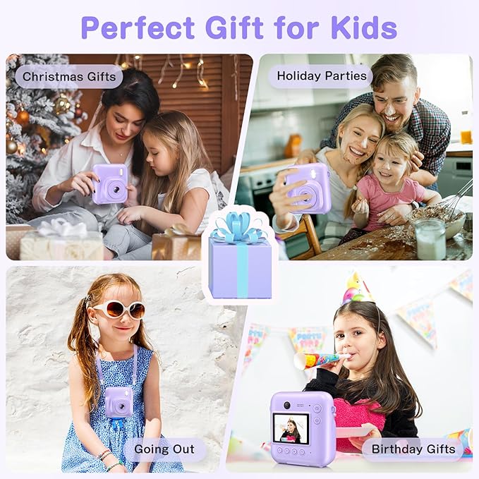 Kids Camera Instant Print, Dual-Lens 48MP Digital Camera for Christmas Birthday Gifts, 1080P Selfie Instant Cameras for Kids with 32GB Card, Print Digital Cameras for Girls Boys-Purple