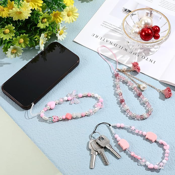 Ecally 3 Pcs Phone Charms Strap Camera Charm Strap Pearl Beaded Butterfly Bow Flower Cute Phone Wrist Lanyard Bracelet for Camera Keychain Wallet Decor Easter Gifts