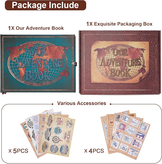 JIMBON Our Adventure Book 180 Pages Scrapbook Photo Album,Retro Style Embossed Letter Leather Cover Travel Diary Journal Scrap Book For Couples,Memory Book For Anniversary Wedding
