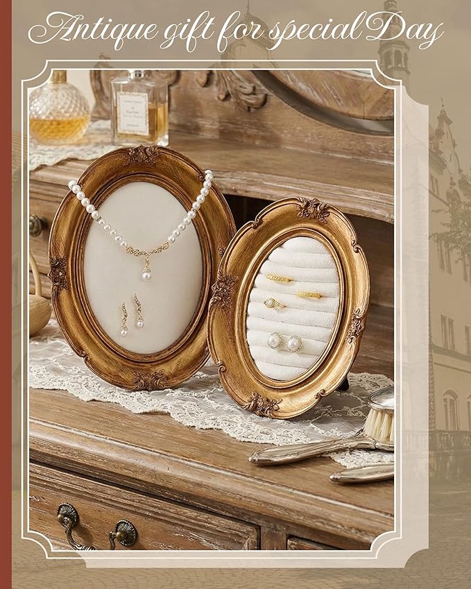 2 Pcs Gold Jewelry Display Stand Vintage Necklace Organizer Ring Holder Earring Tray Resin Jewelry Photography Props Frame with Velvet Backing for Gifts(White,Large,Small,Classical)