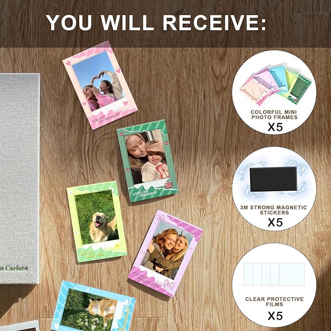 WOGOZAN 2x3 Mini Picture Frame for Fujifilm Instax Mini 12/11/99/41/40/SE/EVO Classic Polaroid Frames 2.15x3.4 Inches Photo Picture Frame with Magnetic Sticker and Protective Film (Colorful) (5 Pack)
