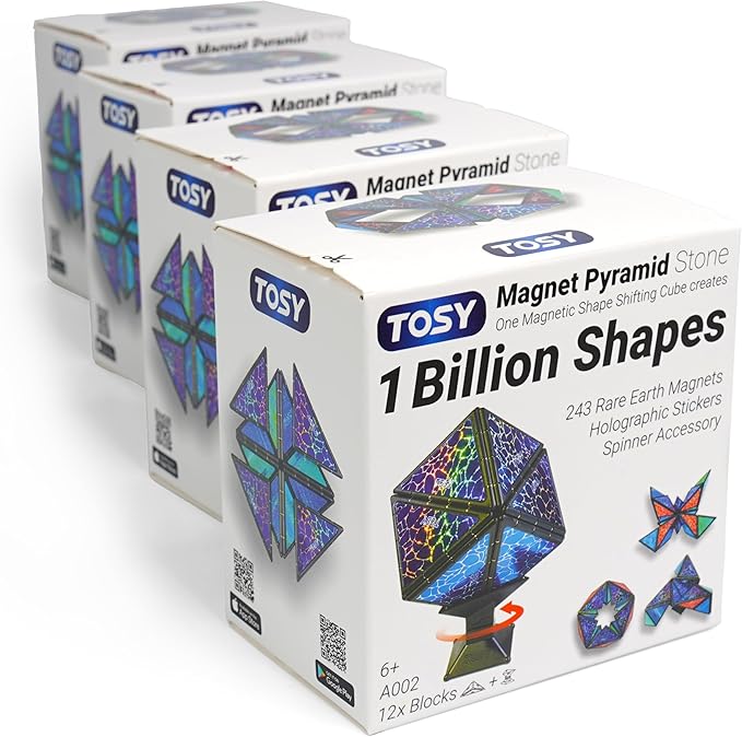 TOSY Magnet Pyramid Stone - 1 Cube Transforms into 1 Billion Shapes (Bunny, Egg Basket, Flowers, Heart), Easter Valentine Gift, 12 pcs, 243 Magnets, Holographic Design, Puzzle/STEM Toy, 4-Pack