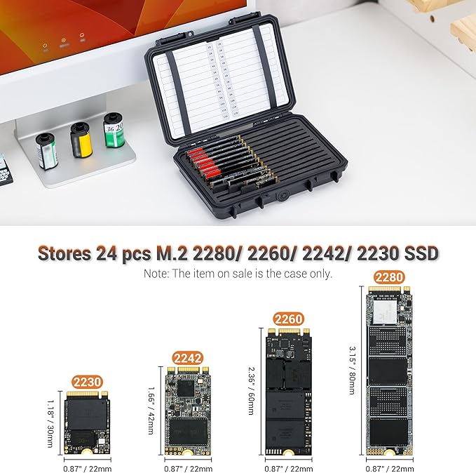 High Capacity 24 Slots M.2 2280 2260 2242 2240 2230 Case, Sturdy M.2 NVMe SSD Card Case with Label & Notepaper, Water-Resistant & Shockproof M.2 2280 SSD Holder Vertical Style M.2 Drive Organizer Box