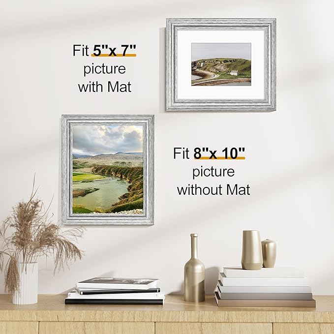 Vittanly 8x10 Picture Frames Set of 2, Ornate Vintage Photo Frame for Wall or Tabletop, Display 5x7 Pictures with Mat or 8x10 without Mat, Rustic Silver